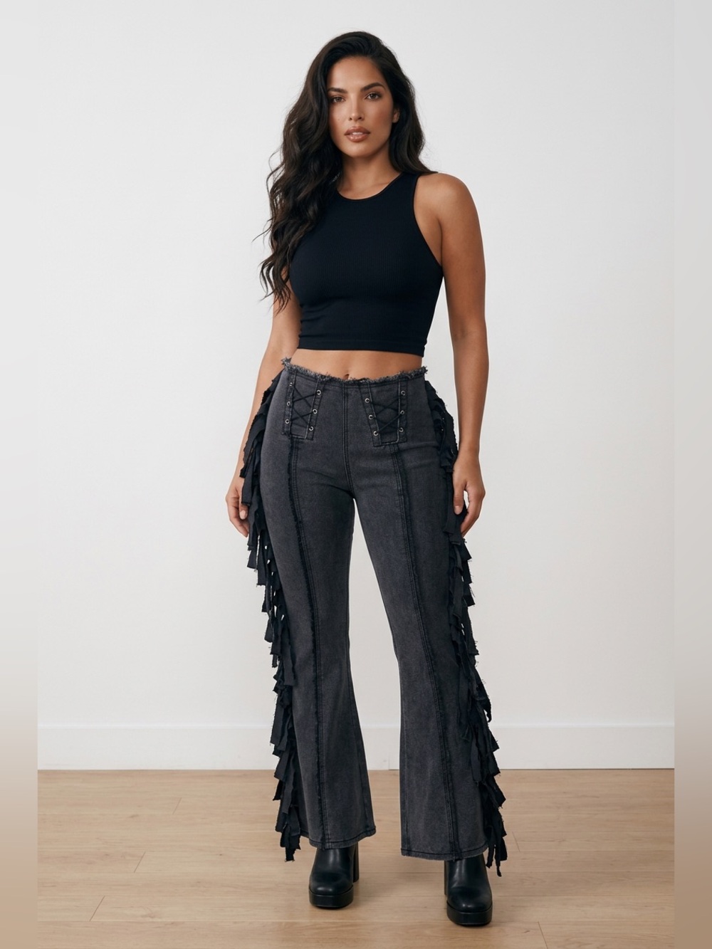 Upcycled Black Fringe Lace-Up zipper back Flared Jeans size S